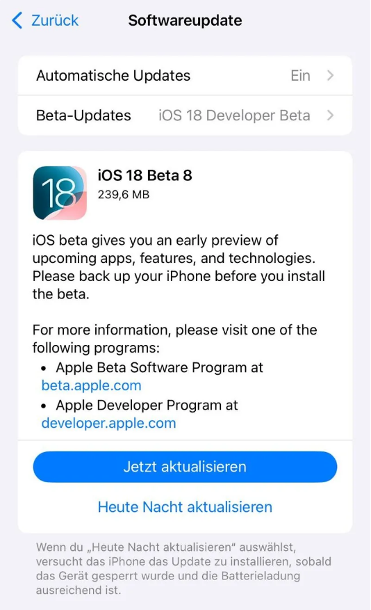 西塞山苹果手机维修分享苹果 iOS / iPadOS 18 开发者预览版 Beta 8 发布 